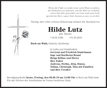 Traueranzeige von Hilde Lutz von Rothenburg