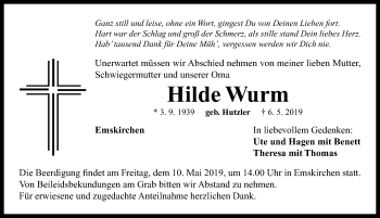 Traueranzeige von Hilde Wurm von Neustadt/ Scheinfeld/ Uffenheim