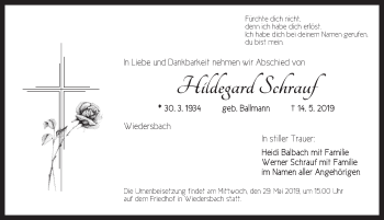 Traueranzeige von Hildegard Schrauf von Ansbach