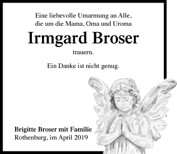 Traueranzeige von Irmgard Broser von Rothenburg