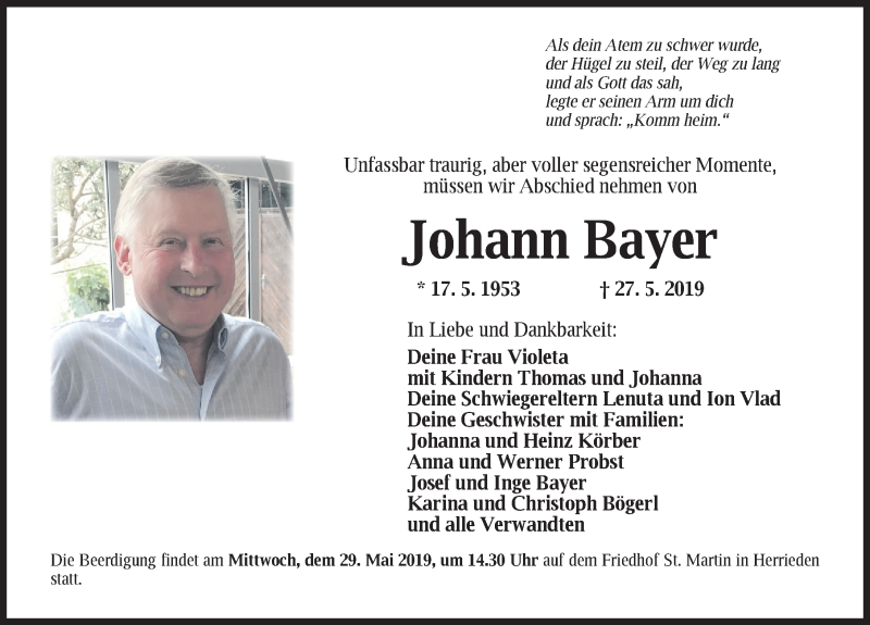  Traueranzeige für Johann Bayer vom 28.05.2019 aus Ansbach