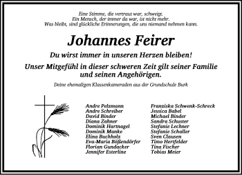 Traueranzeige von Johannes Feirer von Dinkelsbühl/ Feuchtwangen