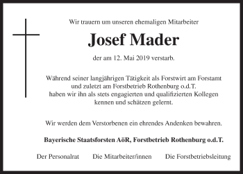 Traueranzeige von Josef Mader von Ansbach