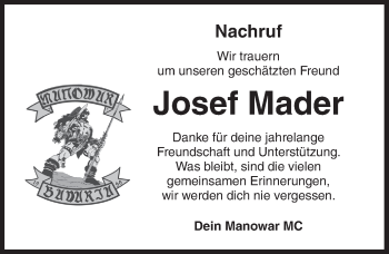 Traueranzeige von Josef Mader von Ansbach