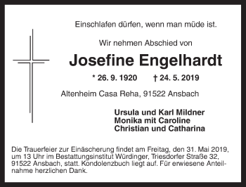 Traueranzeige von Josefine Engelhardt von Ansbach