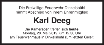 Traueranzeige von Karl Deeg von Dinkelsbühl/ Feuchtwangen