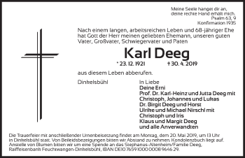 Traueranzeige von Karl Deeg von Dinkelsbühl/ Feuchtwangen