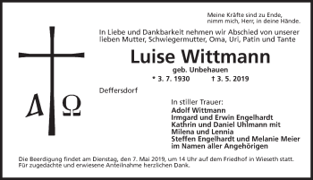 Traueranzeige von Luise Wittmann von Dinkelsbühl/ Feuchtwangen