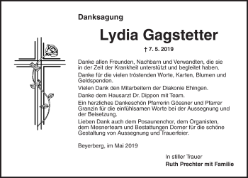 Traueranzeige von Lydia Gagstetter von Dinkelsbühl/ Feuchtwangen