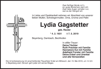 Traueranzeige von Lydia Gagstetter von Dinkelsbühl/ Feuchtwangen