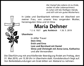 Traueranzeige von Maria Dehner von Neustadt/ Scheinfeld/ Uffenheim