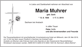 Traueranzeige von Maria Muhrer von Ansbach