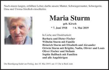 Traueranzeige von Maria Sturm von Dinkelsbühl/ Feuchtwangen