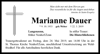 Traueranzeige von Marianne Dauer von Neustadt/ Scheinfeld/ Uffenheim