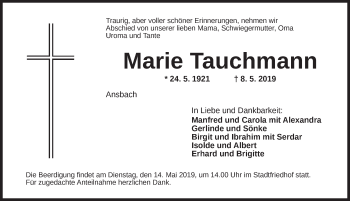 Traueranzeige von Marie Tauchmann von Ansbach