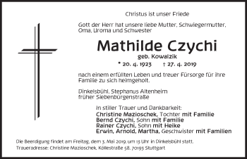 Traueranzeige von Mathilde Czychi von Dinkelsbühl/ Feuchtwangen