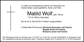 Traueranzeige von Matild Wolf von Dinkelsbühl/ Feuchtwangen