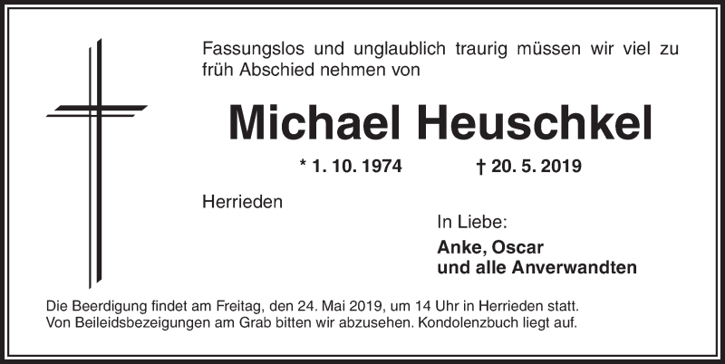  Traueranzeige für Michael Heuschkel vom 23.05.2019 aus Dinkelsbühl/ Feuchtwangen