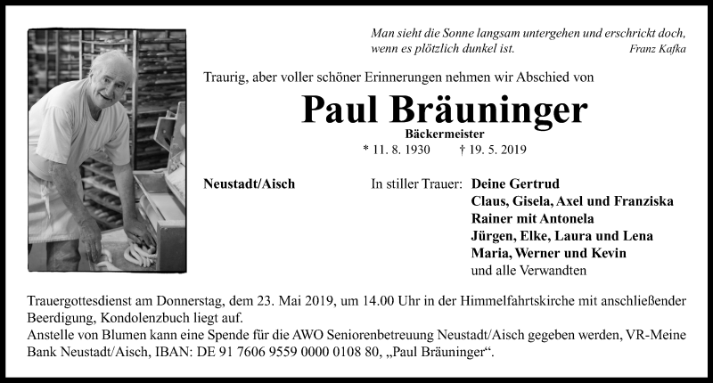  Traueranzeige für Paul Bräuninger vom 21.05.2019 aus Neustadt/ Scheinfeld/ Uffenheim