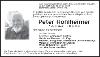 Traueranzeige von Peter Hohlheimer von Ansbach