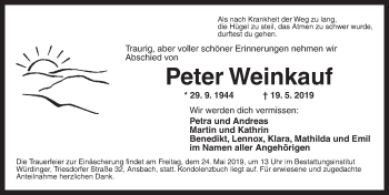 Traueranzeige von Peter Weinkauf von Ansbach