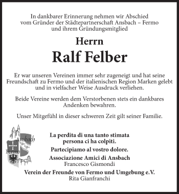 Traueranzeige von Ralf Felber von Ansbach