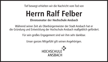 Traueranzeige von Ralf Felber von Ansbach