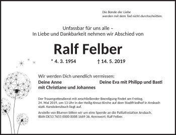 Traueranzeige von Ralf Felber von Ansbach