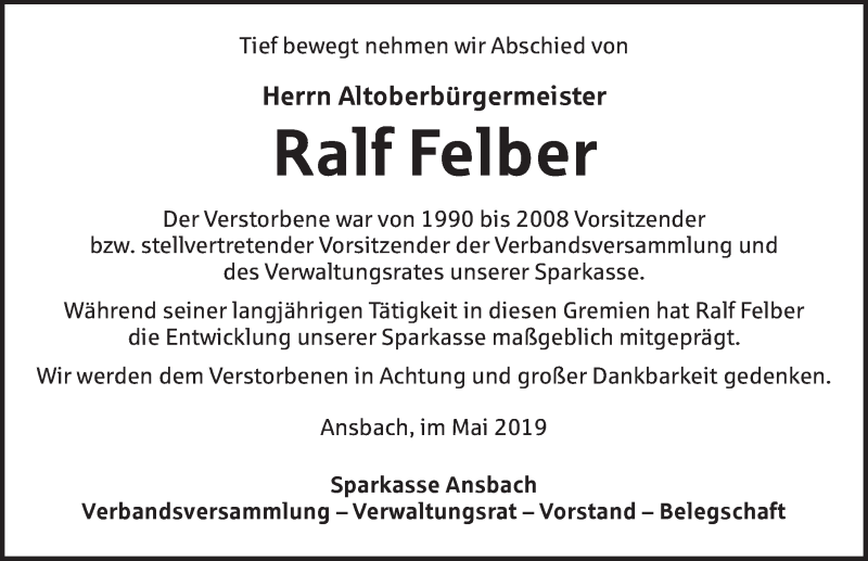  Traueranzeige für Ralf Felber vom 18.05.2019 aus Ansbach