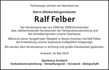 Traueranzeige von Ralf Felber von Ansbach