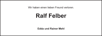 Traueranzeige von Ralf Felber von Ansbach