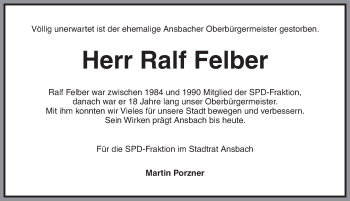 Traueranzeige von Ralf Felber von Ansbach