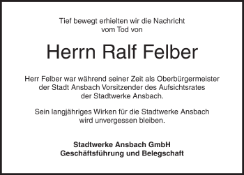 Traueranzeige von Ralf Felber von Ansbach