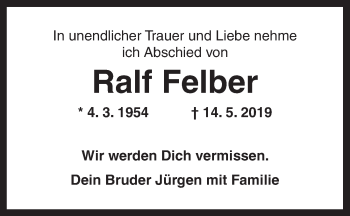 Traueranzeige von Ralf Felber von Ansbach