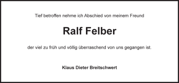 Traueranzeige von Ralf Felber von Ansbach