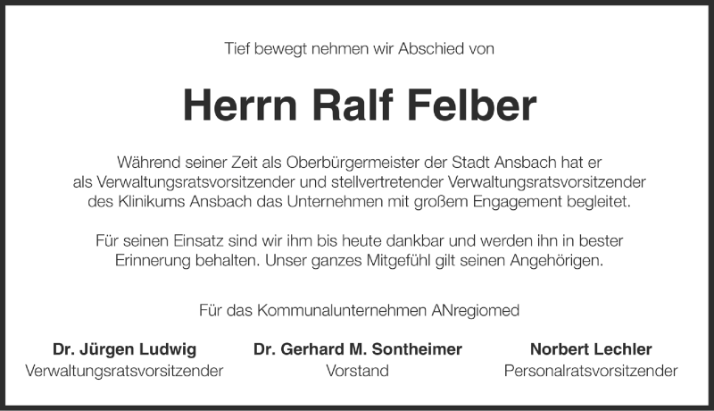  Traueranzeige für Ralf Felber vom 20.05.2019 aus Rothenburg