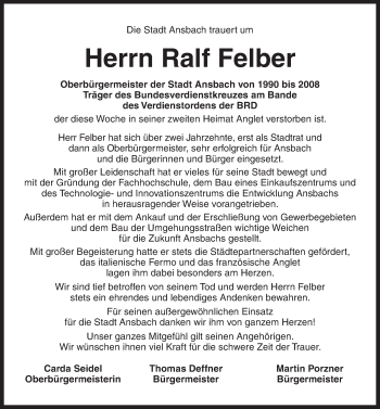 Traueranzeige von Ralf Felber von Ansbach