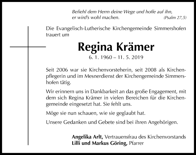  Traueranzeige für Regina Krämer vom 15.05.2019 aus Neustadt/ Scheinfeld/ Uffenheim