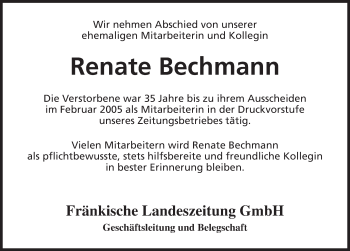 Traueranzeige von Renate Bechmann von Ansbach