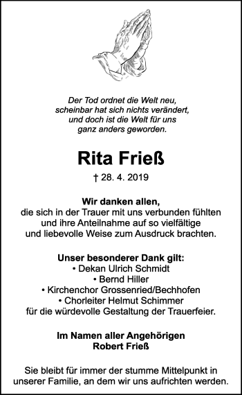 Traueranzeige von Rita Frieß von Ansbach