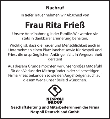 Traueranzeige von Rita Frieß von Dinkelsbühl/ Feuchtwangen