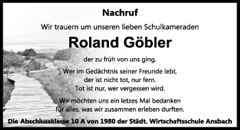 Traueranzeige von Roland Göbler von Ansbach