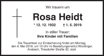 Traueranzeige von Rosa Heidt von Ansbach