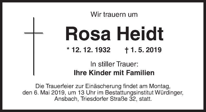  Traueranzeige für Rosa Heidt vom 03.05.2019 aus Ansbach