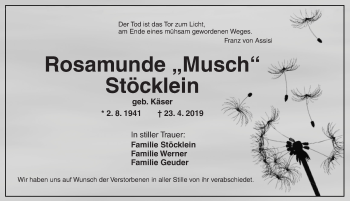 Traueranzeige von Rosamunde Stöcklein von Ansbach
