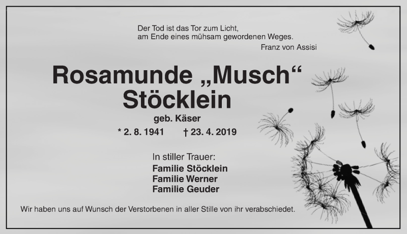  Traueranzeige für Rosamunde Stöcklein vom 04.05.2019 aus Ansbach