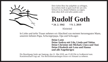 Traueranzeige von Rudolf Goth von Dinkelsbühl/ Feuchtwangen