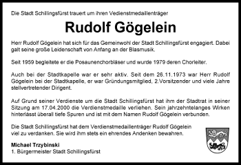 Traueranzeige von Rudolf Gögelein von Rothenburg