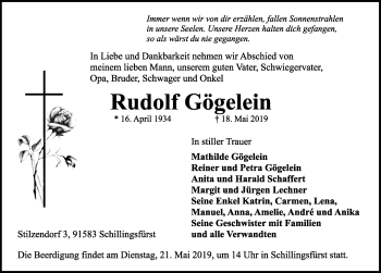 Traueranzeige von Rudolf Gögelein von Dinkelsbühl/ Feuchtwangen