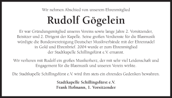 Traueranzeige von Rudolf Gögelein von Rothenburg